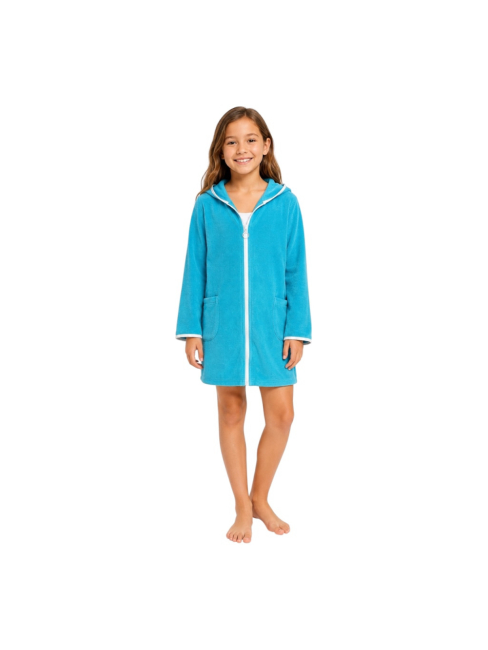 Lands’ End Girls Terry Cloth Swim Cover-Up Hoodie Turquoise Size S 7-8